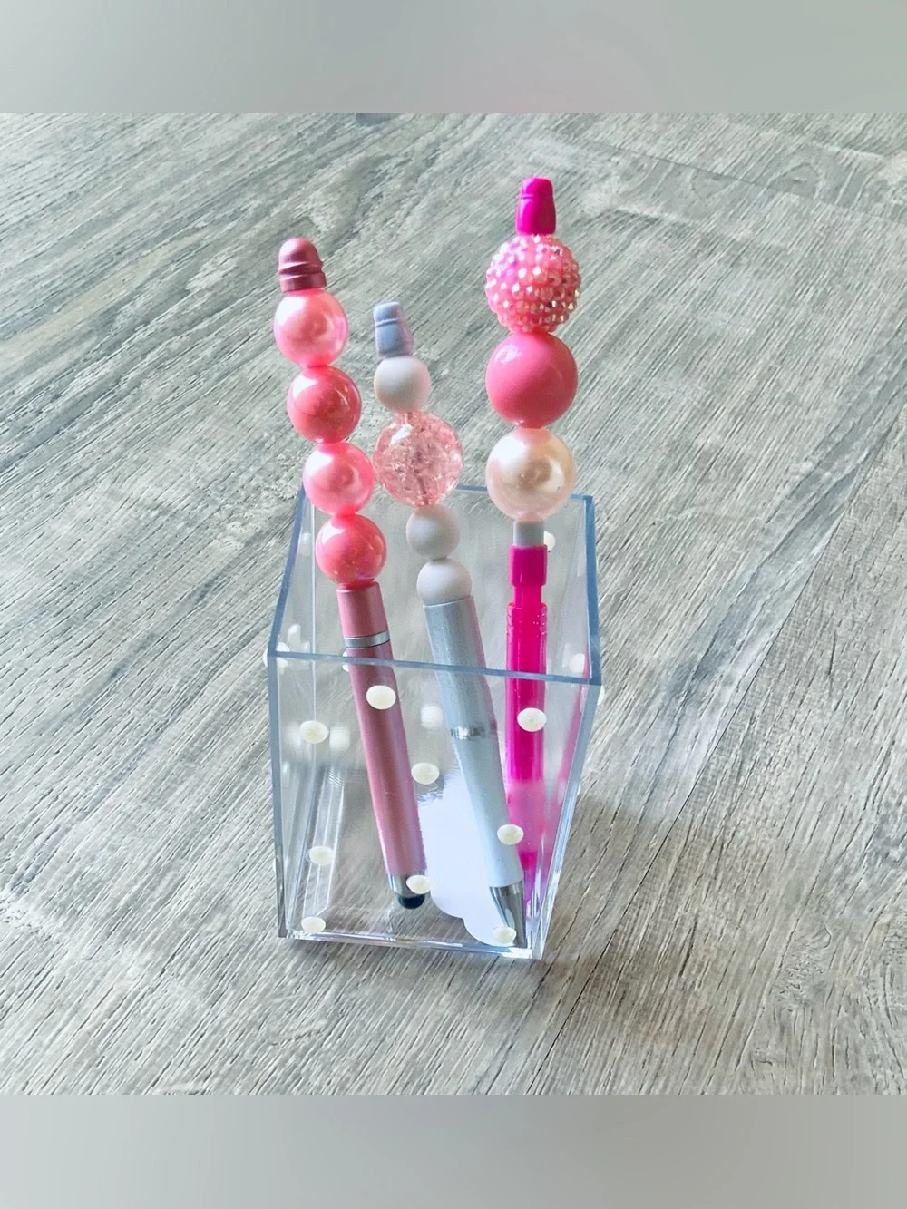 Homemade Crafted Beaded Pens & Pencils w/ Acrylic Pen Holder Stationery Set OS